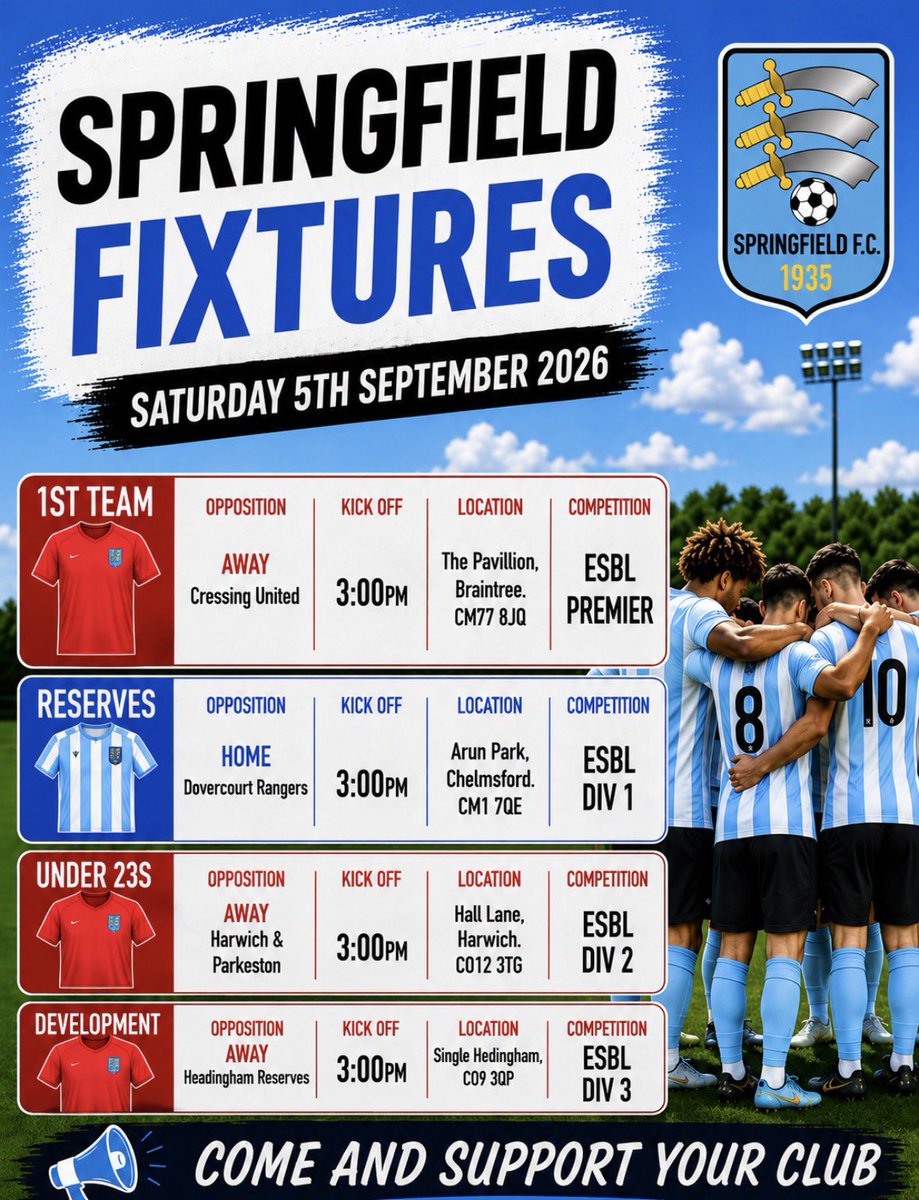 Springfield1935's tweet photo. SPRINGFIELDS Senior Saturday!

All the games for Springfield FC this Saturday https://t.co/40DTiZyc4g