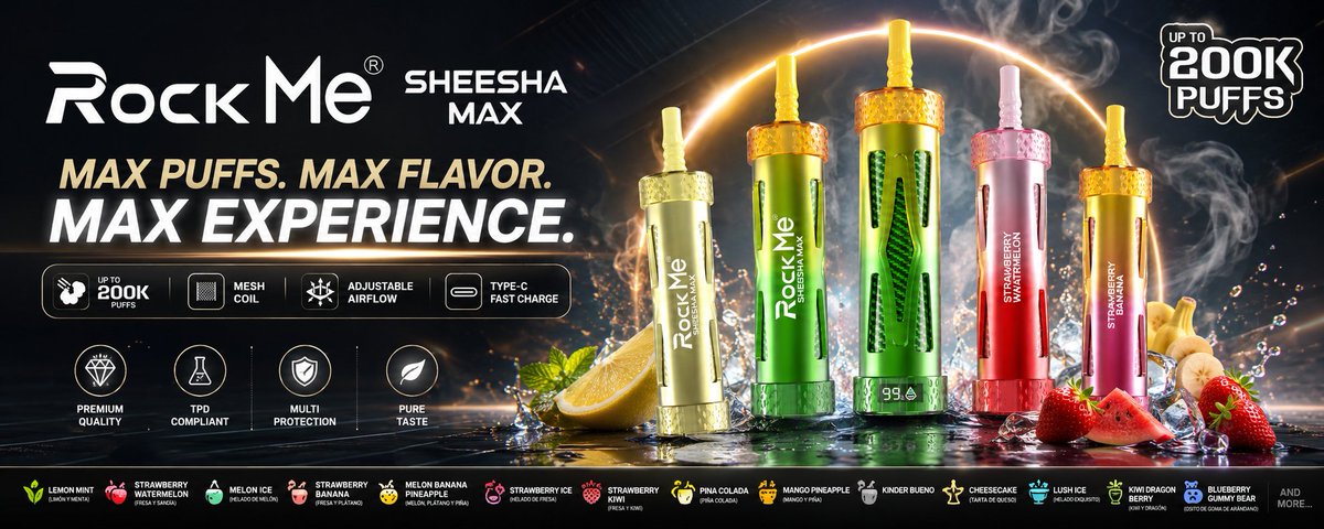 VAPLYNK's tweet photo. 200,000 Puffs in one beast. 💨🔥

The RockMe Sheesha Max 200K features Mesh Coil technology, adjustable airflow, and a smart LED display for the ultimate hookah vibe.
https://t.co/QGrkkyWsfq

#RockMe #200KPuffs #VapeLife https://t.co/GX04PGz1sz
