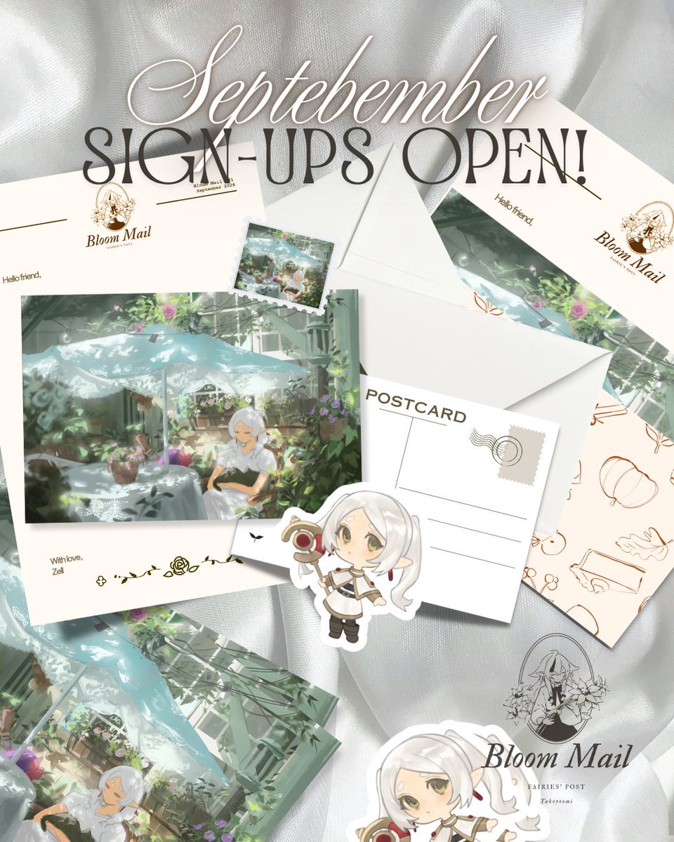 takoyoomi's tweet photo. The Bloom Mail Club is officially OPEN! 
Month One registration is live right now! Secure your slot to receive a cozy bundle of physical art delivered straight from my desk to your mailbox, with free worldwide shipping included.  
Inside the September Batch:
• 5x7" Premium 350gsm Matte Art Print
• Matching Character Vinyl Sticker (2.5-3")
• Collectible 4x3cm Faux-Postage Stamp Sticker
• Double-sided A4 Studio Letter
• Sealed inside a rigid cardstock mailer

CAPPED BATCH: To keep fulfillment smooth, this debut month is strictly limited to 100 slots. Once they’re gone, doors close for September!