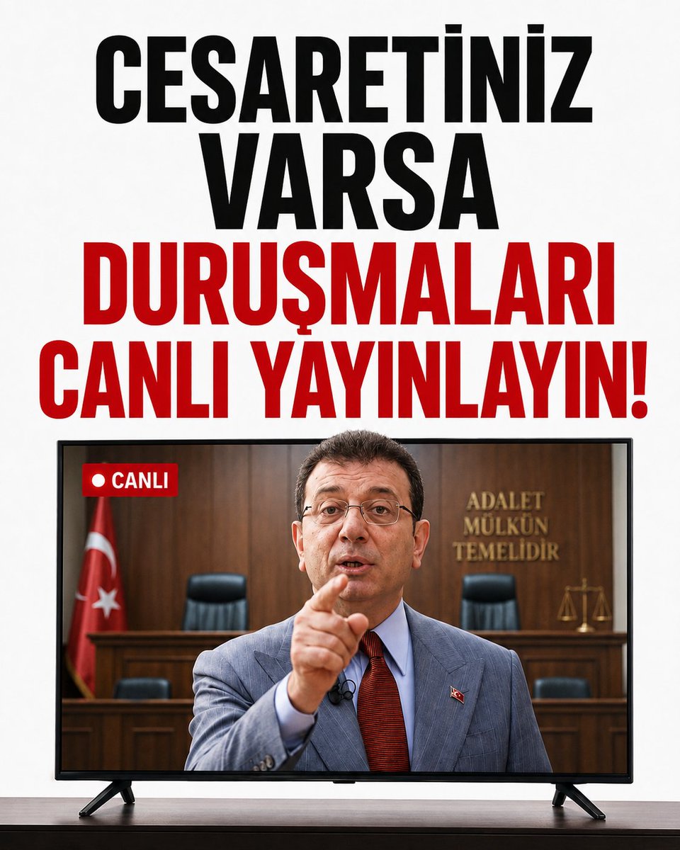 imamoglugundemm's tweet photo. Cesaretiniz varsa, “Hala canlı yayın istiyorlar mı?” deyip sonra saklanmayın.

Ekrem İmamoğlu’nun duruşmalarını canlı yayınlayın.

Hodri meydan! https://t.co/9Fr3opdmc0