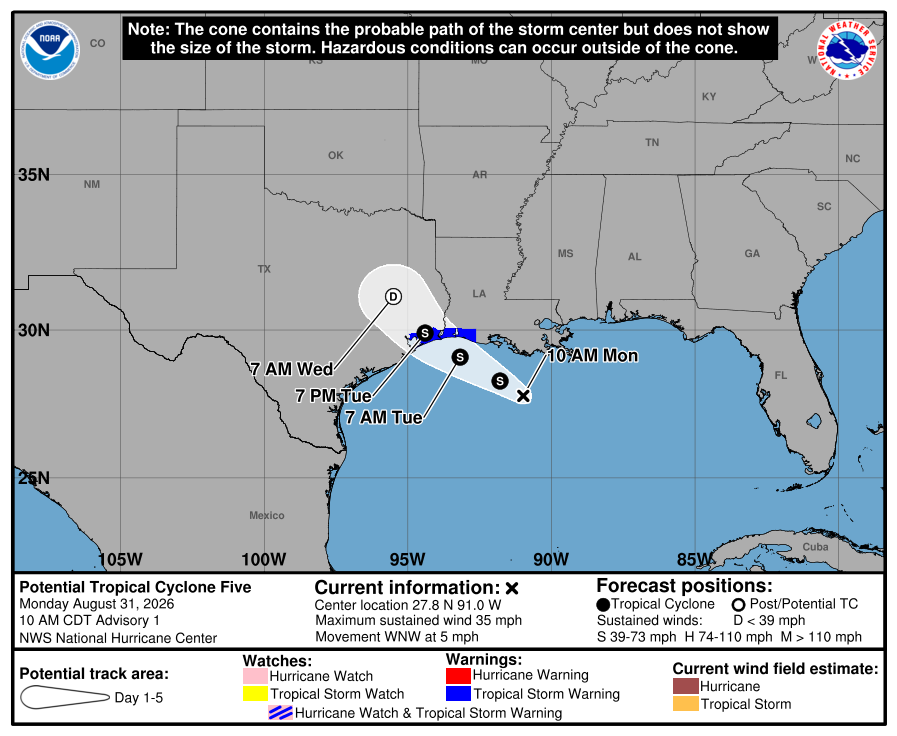 metlogicio's tweet photo. As of 10 AM CDT, AL97 has been designated Potential Tropical Cyclone Five. Tropical Storm Warnings are now in effect for portions of the northern Gulf Coast and adjacent inland areas as the system continues to organize over the Gulf of Mexico. https://t.co/J76vcBWIhd