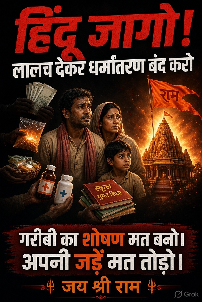 SBJP_jantaparty's tweet photo. 🚨 हिंदू भाई जागो!

गरीब हिंदुओं को लालच देकर धर्मांतरण करवाया जा रहा है।

मुफ्त राशन, दवा, स्कूल, पैसे और “बेहतर जिंदगी” का वादा करके कमजोर परिवारों को फंसाया जा रहा है।  
गांव-गांव, बस्ती-बस्ती में यही खेल चल रहा है।

यह आस्था नहीं है।  
यह गरीबी का शोषण है। https://t.co/IwFqPrumYx