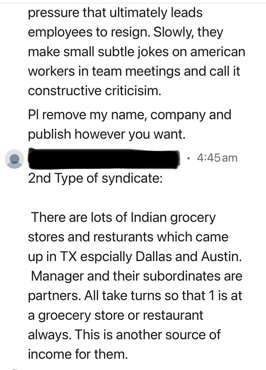 SanDiegoKnight's tweet photo. 🚨 I RECEIVED THIS PRIVATE MESSAGE ON LINKEDIN FROM A VP AT A FORTUNE 500 COMPANY.

They asked me to remove their name and company, but gave me permission to share what they described.

They describe:

1.  H-1B employees getting onto interview panels and rejecting qualified American candidates in favor of preferred candidates.

2.  Interview questions and confidential hiring information being passed to friends or associates before interviews.

3. Interviewers receiving commissions or kickbacks when preferred candidates are hired, including payments connected to staffing vendors.

4. Once hired, favored employees receiving better assignments, visibility and promotion opportunities.

5. American workers being given unrealistic deadlines, criticized, marginalized and eventually pressured to resign.

Their words for what happens inside the company:

“This is called systemic pressure.”

Then they describe a second type of “syndicate.”

According to the source, managers and their subordinates become partners in grocery stores and restaurants, particularly around Dallas and Austin. They rotate responsibilities so one of them is always at the business, creating another source of income outside their corporate jobs.

We’re constantly told H-1B is about hiring the “best and brightest” and the “most qualified.”

But what if the American candidate never had a fair shot in the first place?

I’ve heard versions of this story far too many times.

If you’ve personally witnessed it, DM me here or on LinkedIn.

Send receipts if you have them. Your identity and employer will remain confidential. 

@HarmeetKDhillon @DOLOIG @JDVance @RepRileyMoore @RepGregSteube