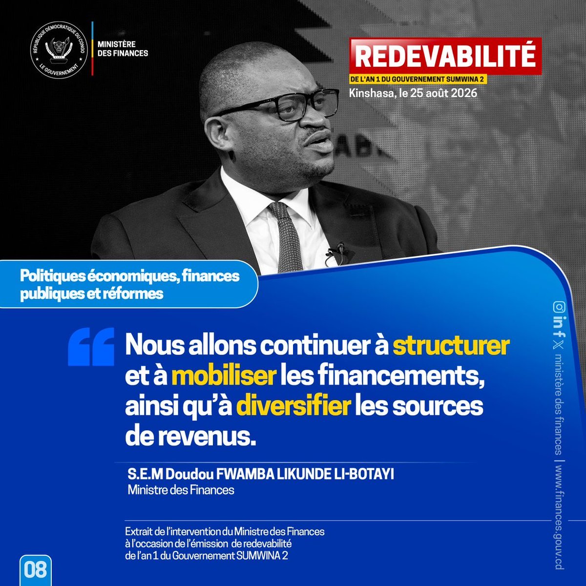 Dkm12450978's tweet photo. REDEVABILITÉ | DES RÉSULTATS QUI PARLENT

Structurer, mobiliser et diversifier les sources de revenus : une vision claire pour renforcer durablement les finances publiques de la République démocratique du Congo. 🇨🇩

Sous l’impulsion du Président de la République, le Gouvernement poursuit ses efforts pour bâtir une économie plus solide, capable de financer les priorités nationales et de répondre aux attentes de notre peuple.

Félicitations et encouragements à S.E.M. Doudou Fwamba @LikundeR Li-Botayi, pour son engagement, sa rigueur et sa détermination à poursuivre les réformes et à mobiliser davantage de ressources au service du développement de la RDC.

Le travail continue;
Le peuple d’abord prend son sens ; 
La République avance.