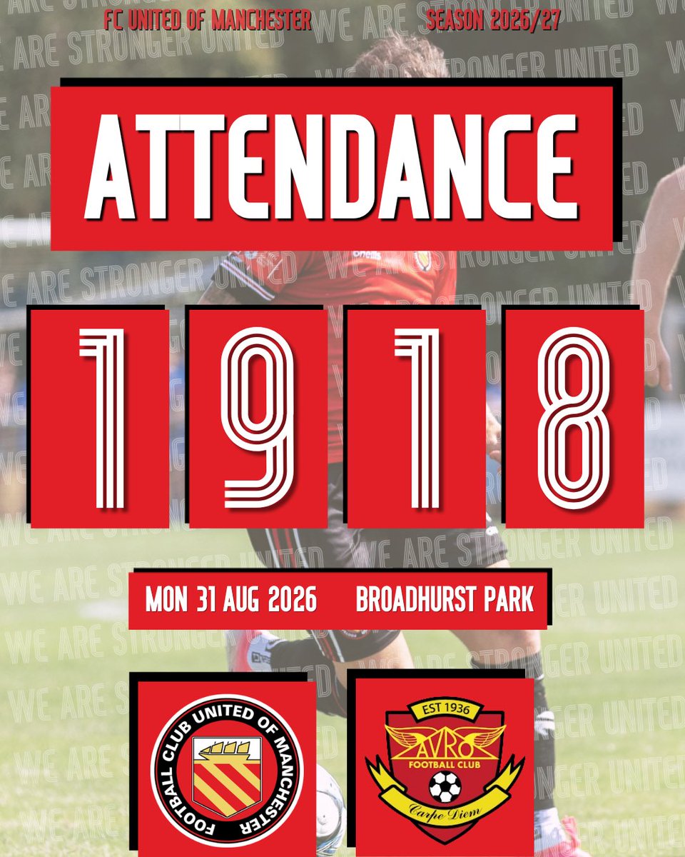 FCUnitedMcr's tweet photo. Today’s attendance is 1,918

Thank you for your magnificent support!

#WeAreStrongerUnited https://t.co/sk1lrCF1GE