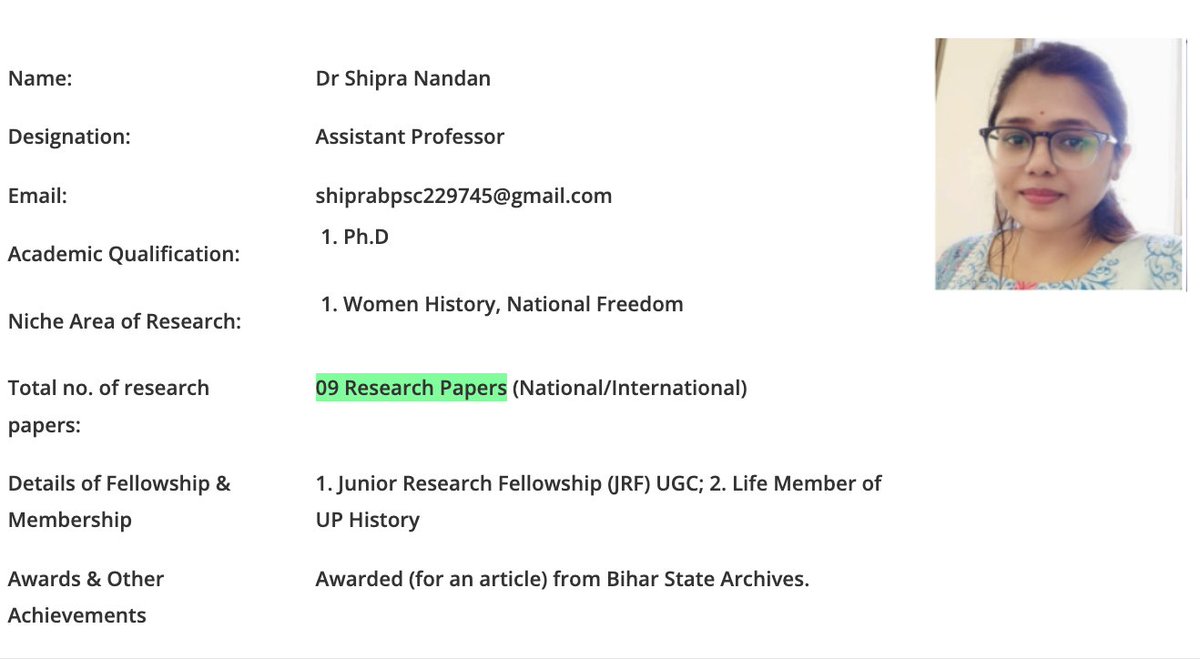 PhilipPanass's tweet photo. Dr Shipra Nandan, appointed Assistant Professor of History at Allahabad University in 2023, claims to have authored 9 research papers, but they appear remarkably well hidden from prying eyes :-( I could trace just one: "लोकनायक के नजर में ग्रामीण संरचना" in Shodh Drishti (2016). https://t.co/3ShYfDcaPB