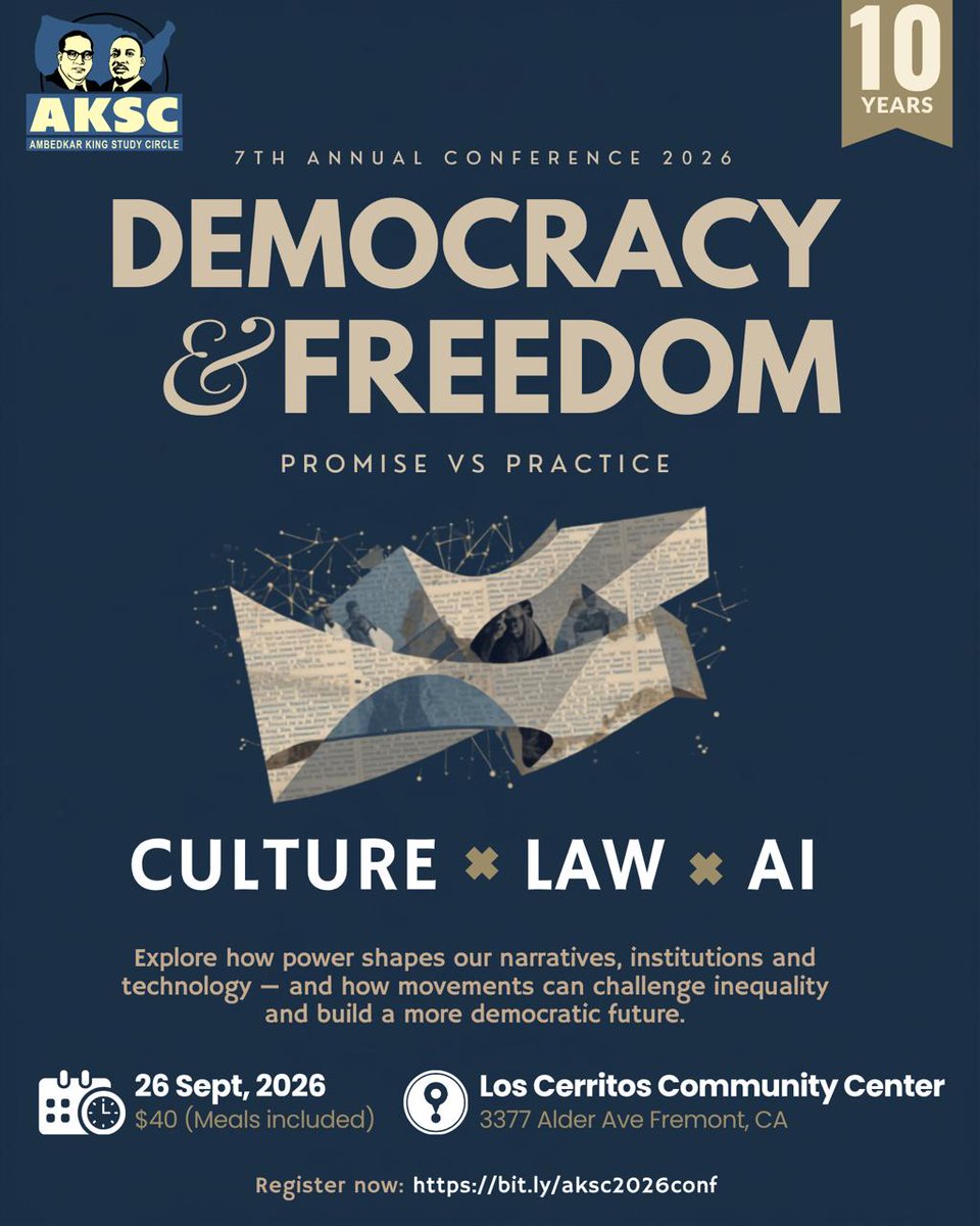 akscsfba's tweet photo. AKSC’s 7th Conference

Democracy : Promise vs Practice- How Law, Culture and AI Control the Narrative

📅 Saturday, Sept 26 | 🕔 9:00 AM–6:30 PM | 📍 Los Cerritos Community Center 3377 Alder Ave, Fremont, CA 94536

https://t.co/haZa3TbYFr

Our lives are regulated by legal and social codes. Legal codes, or laws, are written but often applied selectively. Social codes are unwritten but strictly observed.  Legal and social codes interact to uphold systems of oppression, the status quo.

Understanding these challenges is essential to building an effective collective response. People secure their rights only through organized community, social, and political action.

AKSC’s 7th conference will examine these issues in depth through panels on law, culture, technology, and politics. AKSC firmly believes in organized collective action rather than individual, anarchic responses. This conference offers like-minded people an opportunity to come together, organize, and build a collective response. 

We look forward to seeing you at our 7th conference.