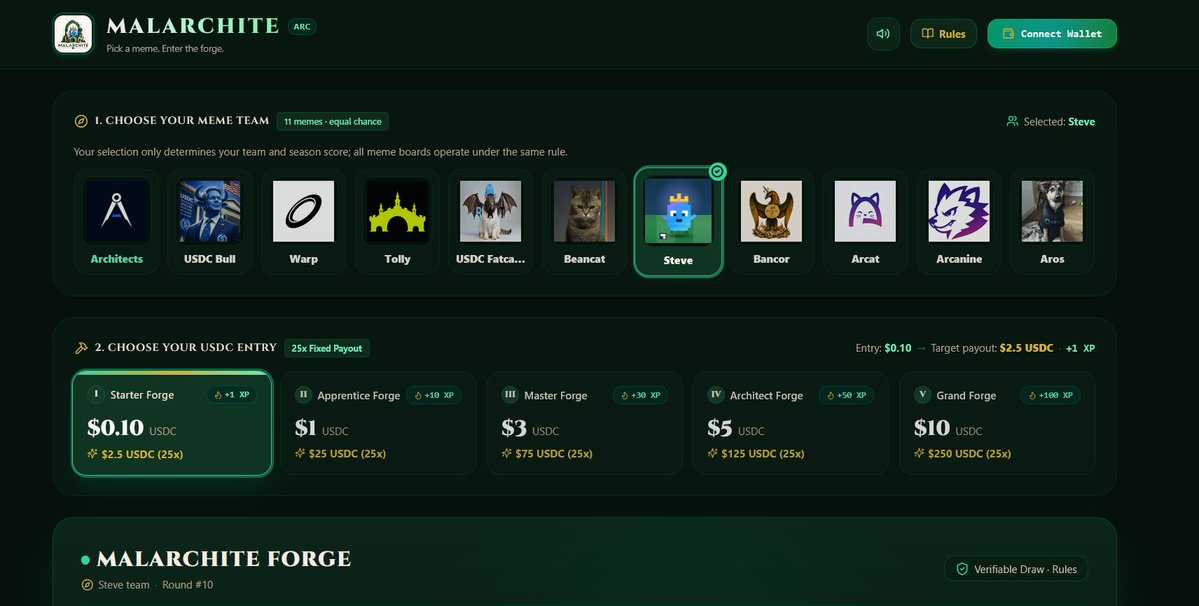 Malarchite's tweet photo. @arc has Malachite. 
Real architects have @Malarchite .

1 USDC in. 25 USDC out. 

11 meme factions. 1 verifiable on-chain forge.

Enter the forge 👇
https://t.co/xS3Gwr8VLw https://t.co/47ofdZU4Um