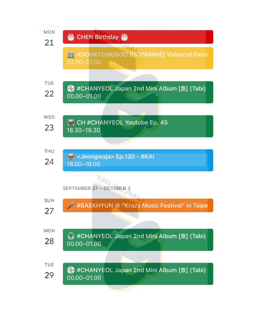 EXOGlobal's tweet photo. SCHEDULE 📆 | 260901 #EXO Schedule for September 2026 (2/2)

📝 New schedules will be added when announced officially 

🔔 Add it to your Google Calendar using the link ⬇️
🔗 https://t.co/c1MEFCfPhF

⚠️ It is recommended to use PC or desktop version to save the calendar to your account

#엑소 @weareoneEXO