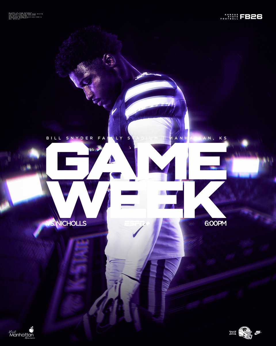 KStateFB's tweet photo. GAME WEEK.

🆚 Nicholls
🏟️ Bill Snyder Family Stadium
⏰ 6:00 PM CT
🔗 https://t.co/CKpLmGEndG https://t.co/8Rtk4qMOcS