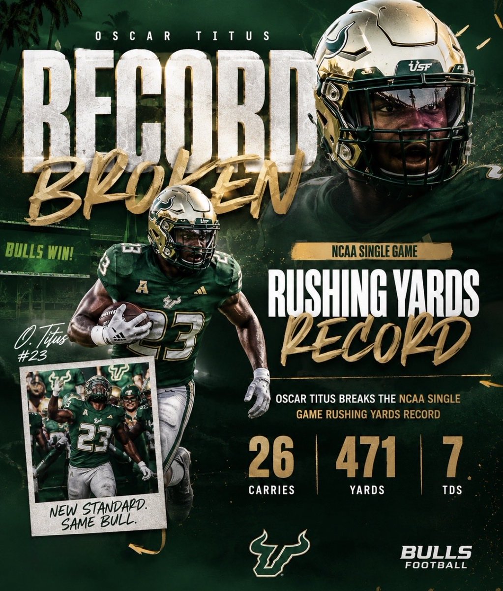 CoachPrescottOP's tweet photo. Oscar Titus just broke the NCAA single-game rushing record. 
26 carries. 471 yards. 7 TDs.

That’s what happens when you’re Built in the Bay.

The Bull Market is OPEN. 📈🐂

#GoBulls #BullsUp #BullMarket #BuiltInTheBay #CFB27 #ILoveBigTITus https://t.co/d6ulY0sO0t
