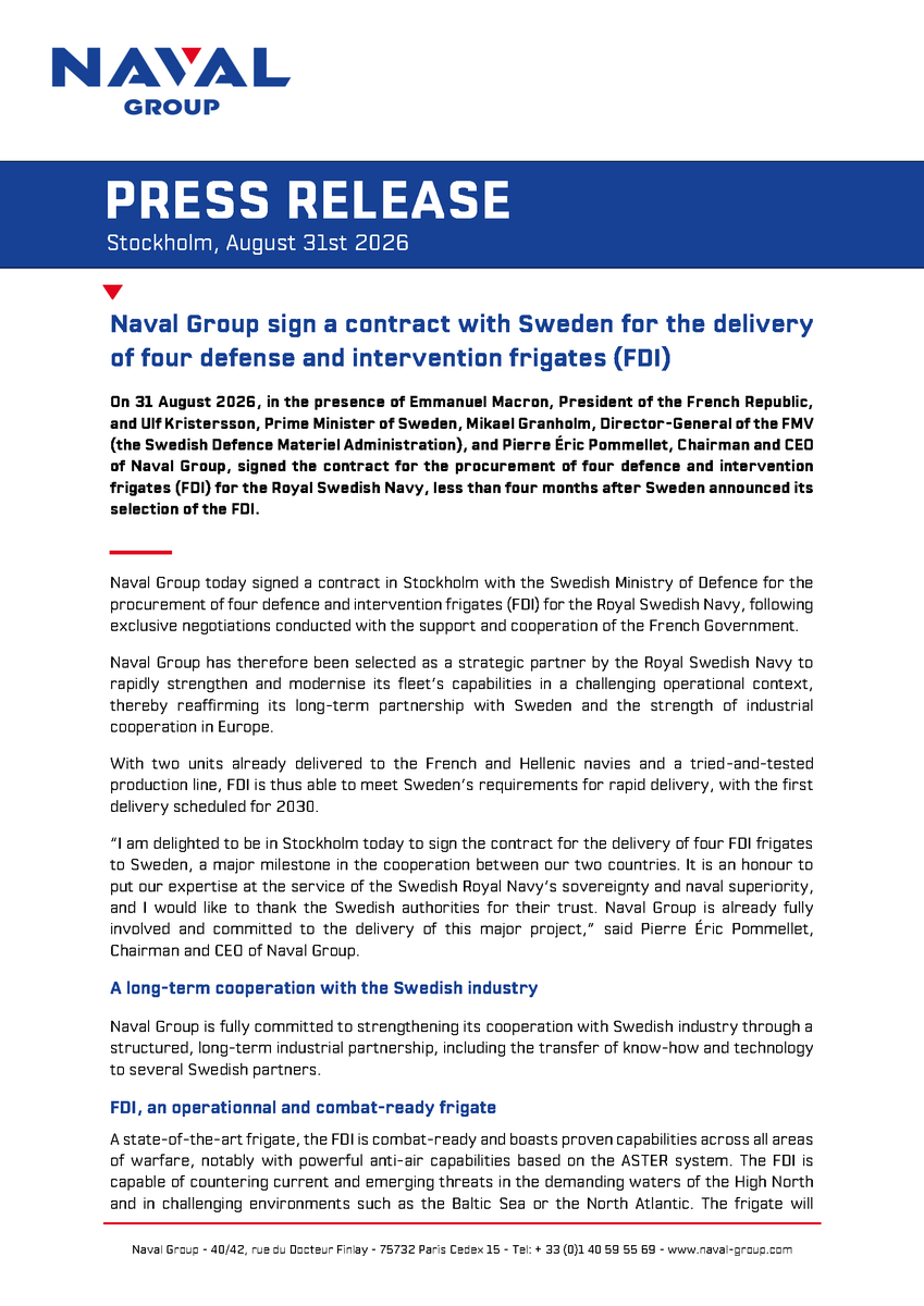 navalgroup's tweet photo. Naval Group signs the contract to supply Sweden with 4 #FDI starting from 2030. 
The Royal Swedish Navy joins its French and Greek counterparts and will become the 3rd #NATO navy to operate this new generation first-rank frigate.
#StrongerTogether https://t.co/R3GeRGFoes