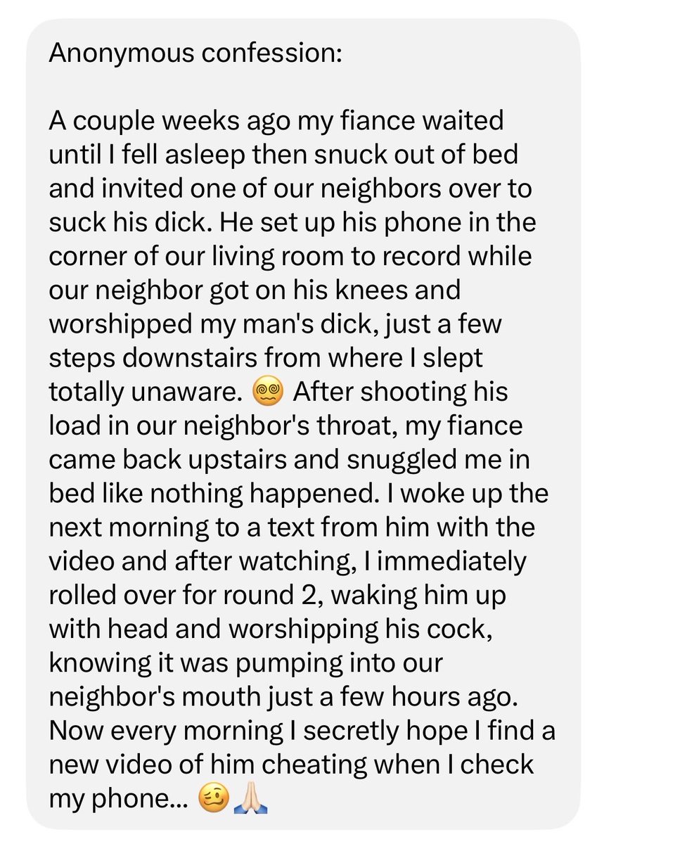 CuckoldsJourney's tweet photo. Guys, my inbox is filling up with confessions… and this one is WILD. 😈👀

Keep them coming — I’m reading every single one.

#Confessions #AnonymousConfessions #SpillTheTea #DMMe #XAfterDark #NSFW #gay #cuckold https://t.co/kcl2yObeHm