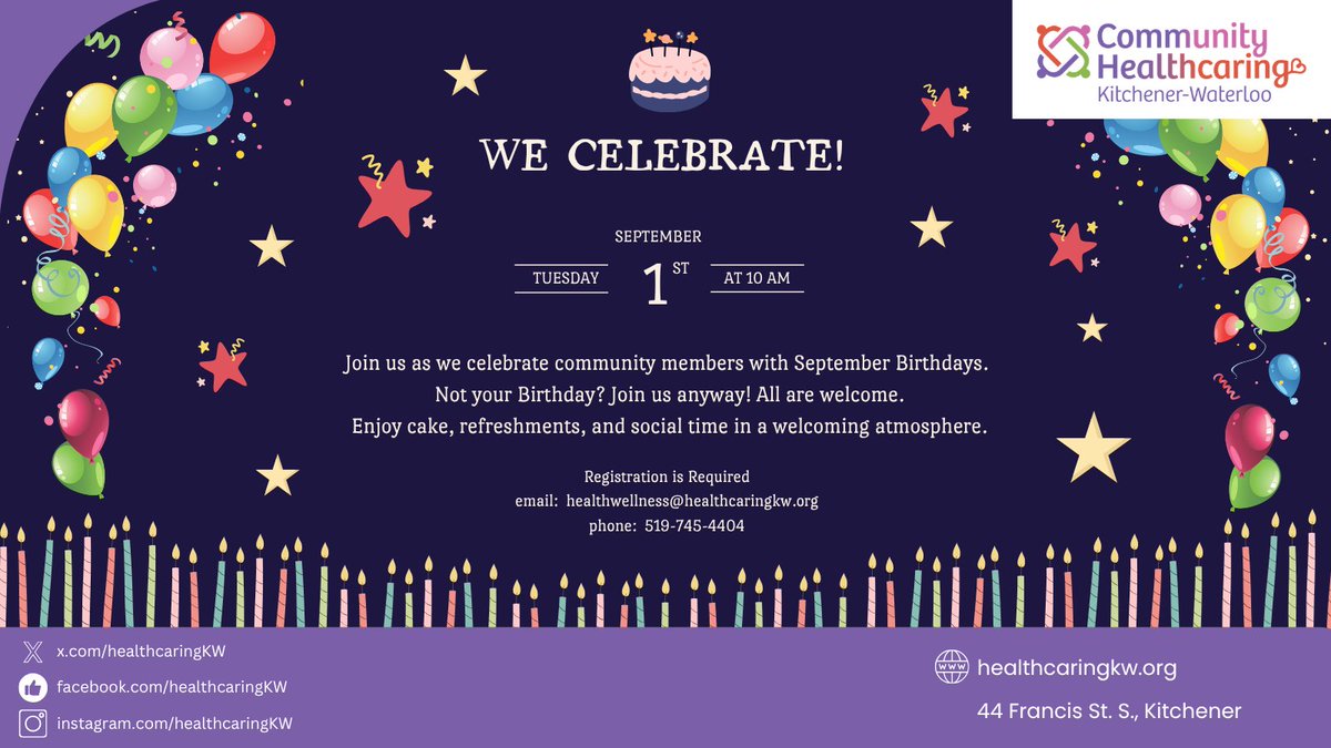HealthcaringKW's tweet photo. ๐ We Celebrate! ๐Join us to celebrate community members with September Birthdays! All are welcome! Enjoy cake, refreshments & social time in a welcoming atmosphere.
๐
Sept. 1 | โฐ 10 AM-11 AM
Registration by phone, email, or online via our website is required.
#healthcaring https://t.co/jtUSCkgzjR
