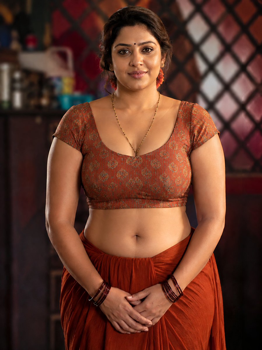 Divyatepati181's tweet photo. Prompt:-

> Create a photorealistic, high-resolution portrait of an adult South Asian woman with the same overall body proportions, physique, pose, framing, and visual composition as the reference image. She has a naturally curvy, fuller figure and realistic body proportions.

Face & hair: warm medium-brown complexion, oval face, expressive dark brown eyes, naturally shaped eyebrows, subtle black bindi centered on the forehead, soft natural smile, medium-full lips, minimal traditional makeup, dark brown/black hair parted near the center and styled into a low traditional bun, with a few loose strands framing the face. Small traditional earrings with orange floral/gajra-like detail.

Clothing: a traditional Indian saree outfit matching the reference exactly in style and color. Rust/terracotta-red short-sleeved blouse, fitted cropped blouse with a deep rounded/sweetheart neckline, fine vertical textured stripes, and small repeating floral motifs in muted sage green, beige, cream and blue-grey. The blouse has a narrow matching lower band.

Saree: rich rust-orange / burnt-orange saree, traditional draping around the waist, soft natural fabric folds and realistic texture, matching the reference color and draping style.

Jewelry: long delicate traditional beaded necklace in antique-gold/brown tones, small earrings, multiple thin dark maroon/red and black glass bangles on both wrists.

Pose: standing upright facing directly toward the camera, centered composition, shoulders relaxed, both arms naturally lowered and brought together in front of the body, hands gently clasped over the lower abdomen. Maintain the same body orientation, hand placement, posture and proportions as the reference.

Composition: vertical 9:16 portrait, approximately full body from head to below the knees, camera positioned at approximately chest/eye level, subject centered, same relative scale within the frame.

Lighting & environment: warm cinematic indoor lighting, soft key light illuminating the face and upper body, gentle shadows, warm reddish-brown ambient tones, shallow depth of field. Background is an indoor traditional setting with dark reddish walls and a softly blurred decorative geometric/lattice window pattern on the right side. Strong natural-looking bokeh, realistic skin texture, subtle highlights, cinematic color grading.

Photography: professional Indian cinematic still, 50mm portrait-lens look, realistic perspective, high detail, natural skin pores and fabric texture, sharp focus on face and clothing, softly blurred background, photorealistic, natural anatomy, realistic hands and fingers.

Negative prompt: watermark, logo, text, captions, extra fingers, deformed hands, distorted anatomy, plastic skin, excessive makeup, exaggerated body proportions, artificial-looking face, duplicate limbs, blurry face, oversharpening, cartoon, CGI, illustration, low resolution.

Important: exact body “measurements” cannot be reliably determined from a photograph, so the prompt preserves the visible proportions and silhouette rather than inventing numerical measurements.

App Suggestions:- Grok ,Google Gemini,Chatgpt