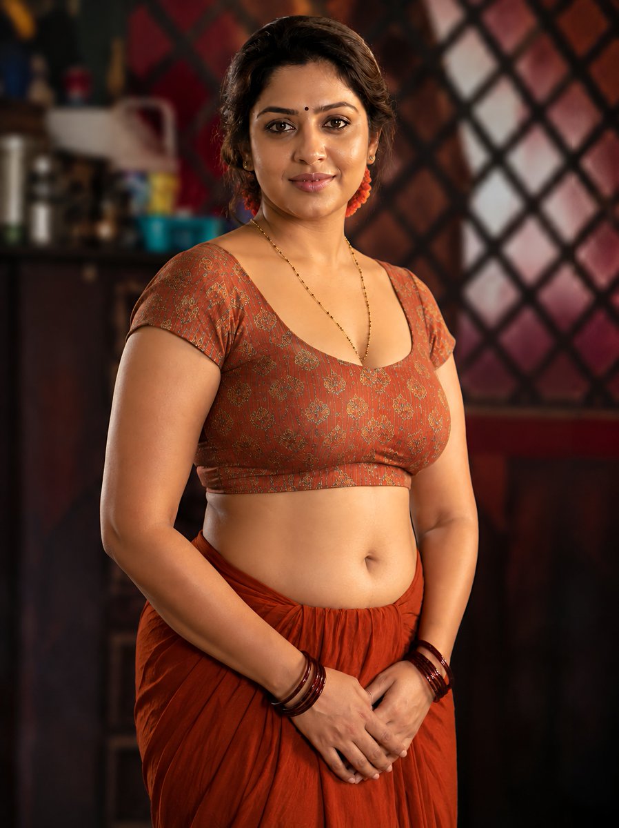 Divyatepati181's tweet photo. Prompt:-

> Create a photorealistic, high-resolution portrait of an adult South Asian woman with the same overall body proportions, physique, pose, framing, and visual composition as the reference image. She has a naturally curvy, fuller figure and realistic body proportions.

Face & hair: warm medium-brown complexion, oval face, expressive dark brown eyes, naturally shaped eyebrows, subtle black bindi centered on the forehead, soft natural smile, medium-full lips, minimal traditional makeup, dark brown/black hair parted near the center and styled into a low traditional bun, with a few loose strands framing the face. Small traditional earrings with orange floral/gajra-like detail.

Clothing: a traditional Indian saree outfit matching the reference exactly in style and color. Rust/terracotta-red short-sleeved blouse, fitted cropped blouse with a deep rounded/sweetheart neckline, fine vertical textured stripes, and small repeating floral motifs in muted sage green, beige, cream and blue-grey. The blouse has a narrow matching lower band.

Saree: rich rust-orange / burnt-orange saree, traditional draping around the waist, soft natural fabric folds and realistic texture, matching the reference color and draping style.

Jewelry: long delicate traditional beaded necklace in antique-gold/brown tones, small earrings, multiple thin dark maroon/red and black glass bangles on both wrists.

Pose: standing upright facing directly toward the camera, centered composition, shoulders relaxed, both arms naturally lowered and brought together in front of the body, hands gently clasped over the lower abdomen. Maintain the same body orientation, hand placement, posture and proportions as the reference.

Composition: vertical 9:16 portrait, approximately full body from head to below the knees, camera positioned at approximately chest/eye level, subject centered, same relative scale within the frame.

Lighting & environment: warm cinematic indoor lighting, soft key light illuminating the face and upper body, gentle shadows, warm reddish-brown ambient tones, shallow depth of field. Background is an indoor traditional setting with dark reddish walls and a softly blurred decorative geometric/lattice window pattern on the right side. Strong natural-looking bokeh, realistic skin texture, subtle highlights, cinematic color grading.

Photography: professional Indian cinematic still, 50mm portrait-lens look, realistic perspective, high detail, natural skin pores and fabric texture, sharp focus on face and clothing, softly blurred background, photorealistic, natural anatomy, realistic hands and fingers.

Negative prompt: watermark, logo, text, captions, extra fingers, deformed hands, distorted anatomy, plastic skin, excessive makeup, exaggerated body proportions, artificial-looking face, duplicate limbs, blurry face, oversharpening, cartoon, CGI, illustration, low resolution.

Important: exact body “measurements” cannot be reliably determined from a photograph, so the prompt preserves the visible proportions and silhouette rather than inventing numerical measurements.

App Suggestions:- Grok ,Google Gemini,Chatgpt