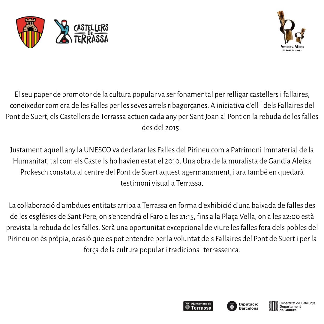 CDTerrassa's tweet photo. Dissabte 12 de setembre en el marc de la Diada Emili Miró, viurem un moment únic i extraordinari que no et pots perdre: una mostra de les falles del Pirineu, com a acte de l'homenatge al nostre expresident Mario Pena 🩵.
Vine a viure-ho!
#Terrasa #castells #lanostraraódeser https://t.co/axcncxIUKk