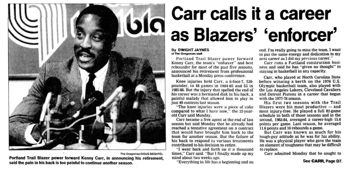 77Blazers's tweet photo. August 31, 1987 - Portland forward Kenny Carr announces his retirement. 

In a news conference held today, Carr explained that a herniated disc injury he suffered in a Jan. 18 game vs Golden State Warriors continues to plague him with spasms and pain. "The knee injuries were a piece of cake compared to what I have now," said Carr, who was limited the past two seasons due to knee issues. 

"We are going to miss his rebounding and his leadership and all the other great things he brought to the team," said Blazers President Harry Glickman.

Portland obtained Carr in a trade from the Detroit Pistons on June 23, 1982 in exchange for the Blazers 1982 first round pick. In 316 games with the Blazers, Carr scored 3,902 points and grabbed 2,549 rebounds. Carr ranked sixth all-time in rebound total at the time of his retirement.

A member of the Gold Medal 1976 USA Basketball Olympic team, Carr was drafted by the Los Angeles Lakers with the sixth pick in the 1977 NBA Draft. Carr spent two years with the Lakers before a trade to the Cleveland Cavaliers. Carr split the 1981/82 season between the Cavaliers and the Pistons before coming to Portland. 

A Washington DC native, Carr continued to live in Portland, starting his own construction company in 1986. The success of that business and his three children have kept him in Oregon since. "My kids liked being here, and we were settled," Carr said. "Once that happens, you don't necessarily live your life for yourself anymore. You make compromises." 

#RipCity  #ThisDateinBlazersHistory