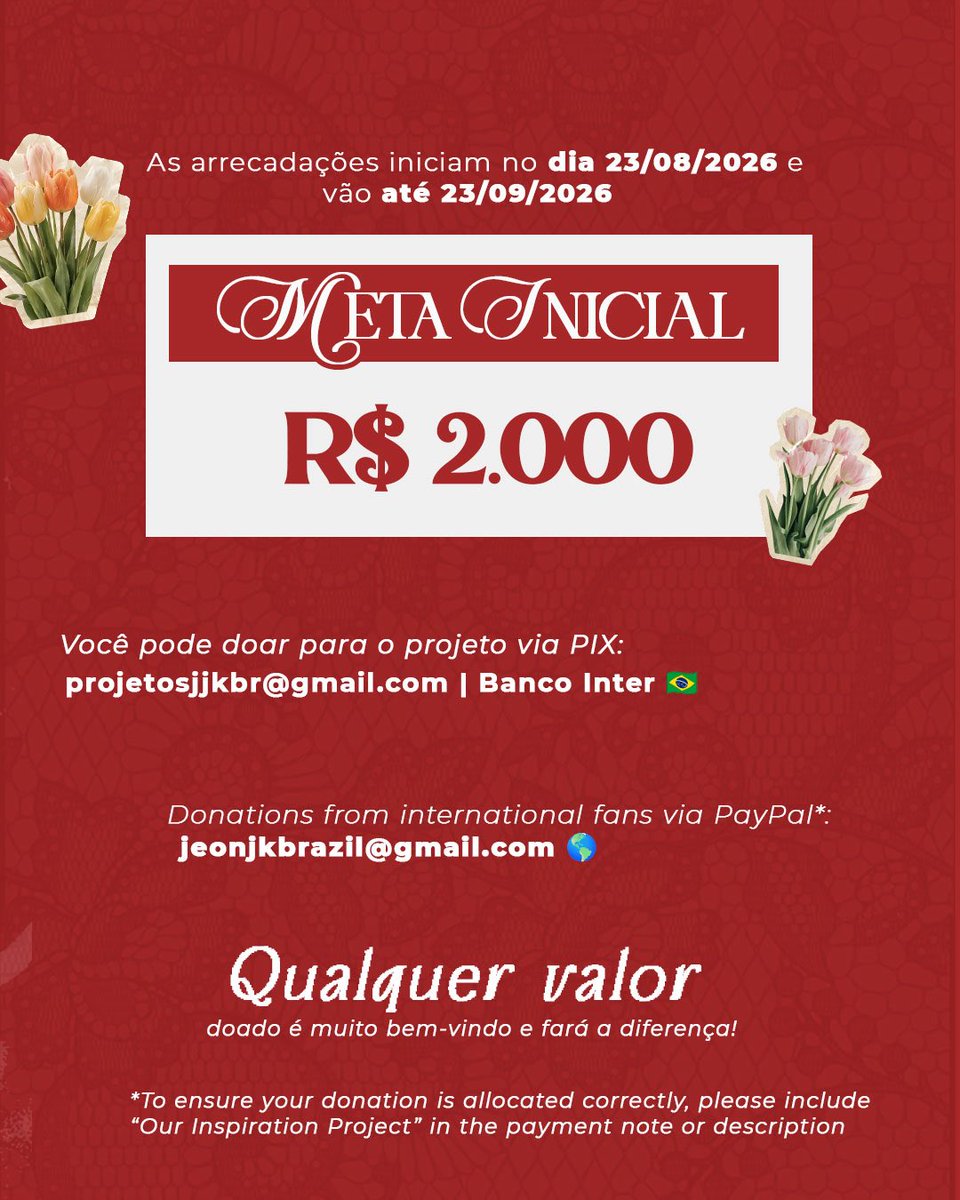 JeonJungkook_BR's tweet photo. Vamos celebrar o aniversário de Jungkook doando e divulgando o Projeto #OurInspirationJK! Sua contribuição fará a diferença 🥹

↳ Doações via PIX: projetosjjkbr@gmail.com | Banco Inter 🇧🇷
↳ Donations from international fans via PayPal: jeonjkbrazil@gmail.com 🌎

#AlwaysByYourSideJK #HAPPYJKDAY