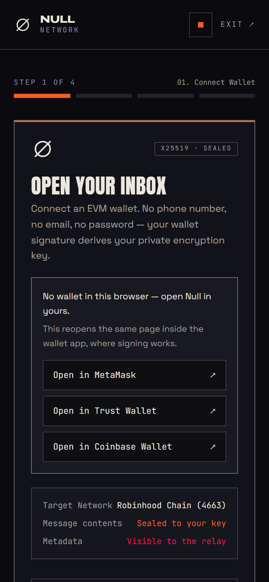 0xnullevm's tweet photo. Most holders are on a phone, and a phone browser has no wallet extension. It never will.

For a while our sign-in screen answered that with "install MetaMask", which on a phone is not an answer at all.

It hands you a link now. The link reopens the same page inside your wallet's own browser, where signing works. MetaMask, Trust, Coinbase Wallet.

If it dead-ended for you before, it will not now.