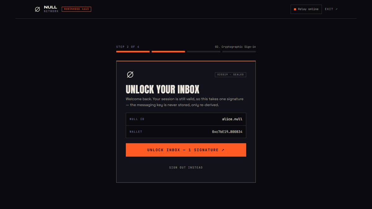 0xnullevm's tweet photo. The first version asked for two wallet signatures every time you opened your inbox. Reload the page, sign twice again.

That is the difference between something you demo once and something you actually use.

Coming back takes one signature now. The relay session is kept in your browser. The messaging key is not, and will not be it is re-derived from that one signature each time you unlock, and it exists only in memory.

Which of the two is stored is printed inside the app, on the Relay tab. You should not have to take our word for it.