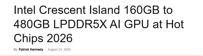 bitcrafter_'s tweet photo. Intel just made the most contrarian hardware bet of the year at Hot Chips:

Ditching HBM entirely.

Intel “Crescent Island” inference GPU specs: 
• 480GB LPDDR5X (skipping expensive HBM)
 • 350W TDP (standard air-cooling) 
• 32 Xe cores
The thesis: Agentic AI isn’t compute  or bandwidth-bound anymore. It’s capacity-bound.
Massive context windows and bloated KV caches make raw TFLOPs useless if your model spills off-chip.
Tokens per Watt per Dollar is the only metric that matters now.