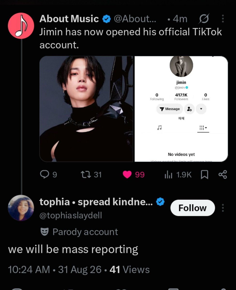 jmpopbase's tweet photo. Akgaes have spent weeks creating setup accounts targeting Jimin and are now planning to mass-report his TikTok. The obsession is reaching new levels, an account with zero posts shouldn't be causing this much panic. https://t.co/mEhZNmnlYt