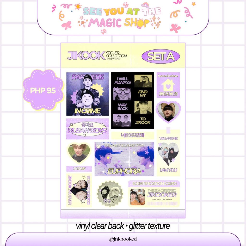 jnkhooked's tweet photo. PRE-ORDER OPEN.

JIKOOK &amp; TAEKOOK ✮⋆˙
— vinyl clear-back + glitter texture sticker sets

🗓️ pre-order: aug 31 — sept 15

order here ↓
https://t.co/5ajNhzVsh2

please read the order guidelines before ordering! ♡ https://t.co/flqNRH8jtA