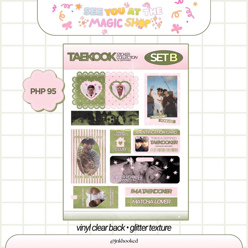 jnkhooked's tweet photo. PRE-ORDER OPEN.

JIKOOK &amp; TAEKOOK ✮⋆˙
— vinyl clear-back + glitter texture sticker sets

🗓️ pre-order: aug 31 — sept 15

order here ↓
https://t.co/5ajNhzVsh2

please read the order guidelines before ordering! ♡ https://t.co/flqNRH8jtA