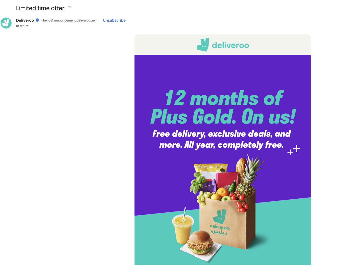 FraudSanyasi's tweet photo. @Deliveroo_ae hey, i received this email. But unable to get the free subscription: https://t.co/n0FLJ5WGYf