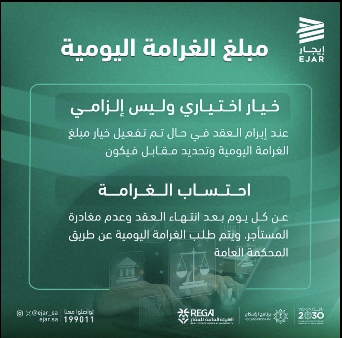 m_205o's tweet photo. ذا استمر المستأجر في العقار رغم انتهاء العقد فيحق لصاحب العقار رفع طلب إخلاء بعد مرور 30 يوم كما يحق لصاحب العقار المطالبة بغرامة يومية عن كل يوم تأخير بشرط أن تكون الغرامة مفعلة ومحددة مسبقا في عقد الإيجار https://t.co/u7vlkDuoSf