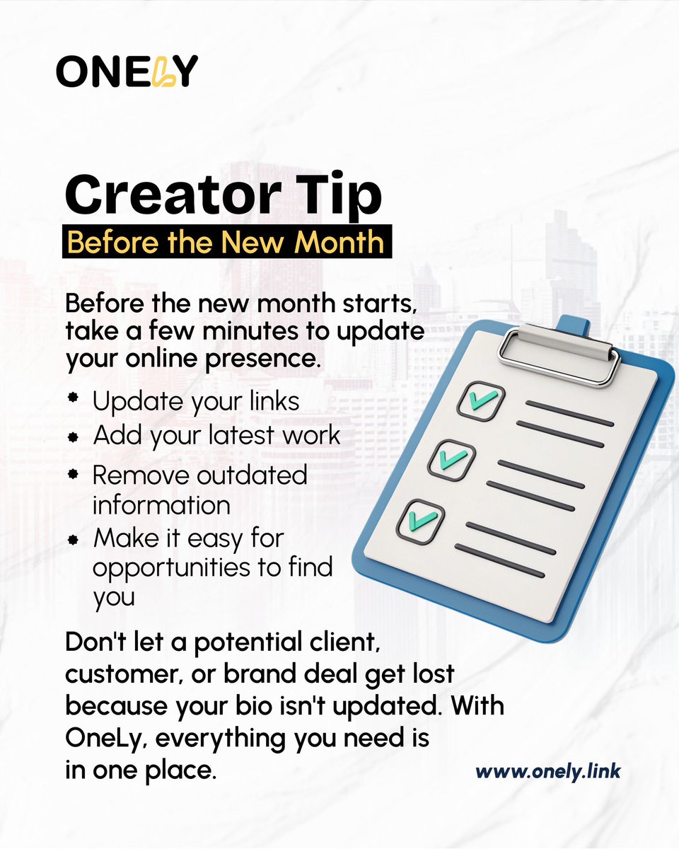 onelylink's tweet photo. Don’t enter a new month with a messy bio link setup.
Organize your online presence today and give your business the professional presentation it deserves.

Get set up on OneLy Link today

#onelylink #allinonelink #linkinbio https://t.co/1EJPKAvBXD
