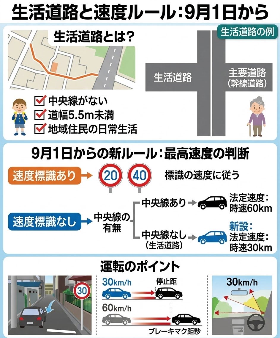 menews007's tweet photo. 【明日から道路のルールが変わります】

9月1日から、住宅街などの「生活道路」で法定速度が

🚗 時速60km → 30km

に引き下げられます。

対象は主に、中央線などがない道路。

「標識がないから60kmまで」と思っていた人は要注意です。

※速度標識がある道路は、表示された速度が優先されます。 https://t.co/41lERqFazU
