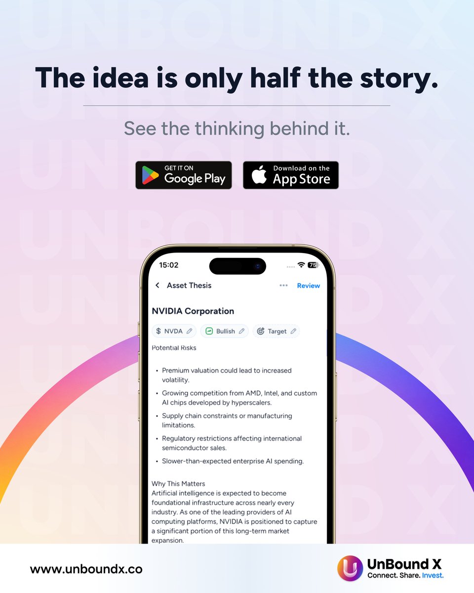UnBoundXapp's tweet photo. The idea is only half the story.

See the thinking behind it.

Now on iOS and Android.

🔗https://t.co/QVjyoSz3jR

#ProofOverHype #TrackRecord #CollegeInvesting #FinanceClub #Fintech #InvestingEducation https://t.co/2hzTd3CcHp