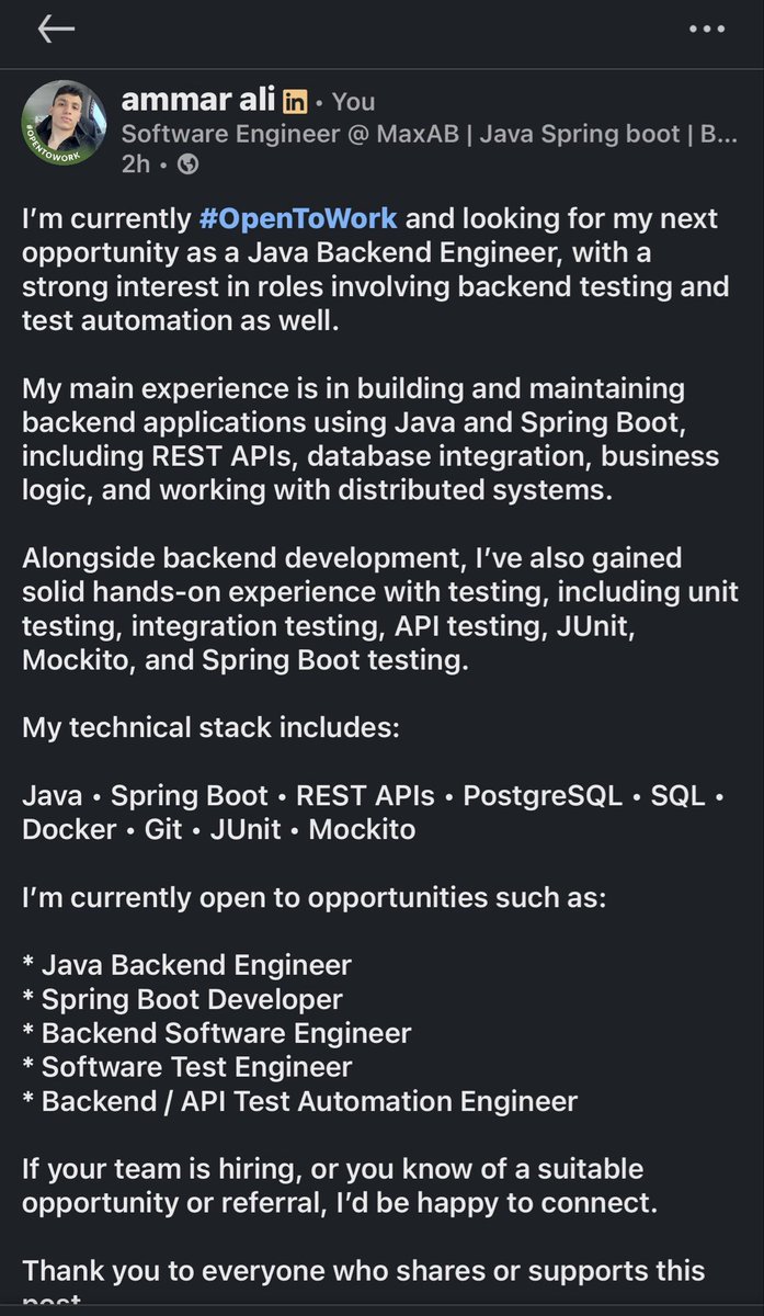 ammaelhadyy007's tweet photo. اي حد عنده فرصه Java spring boot 
يا ريت يتواصل معايا علشان أنا لسه ماثر ب layoff ومحتاج شغل ضرورى 
#spring_boot #java https://t.co/l5Nj5qo7cq