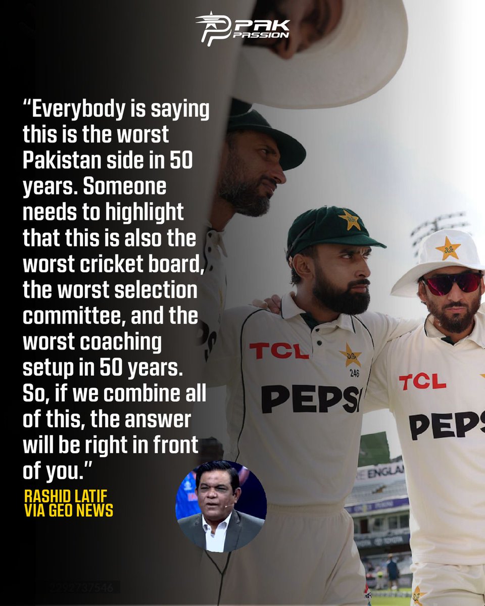 PakPassion's tweet photo. Rashid Latif's blunt assessment of Pakistan cricket's decline. 🎙️🇵🇰

“Worst team, worst board, worst selection committee — combine them and you have your answer.” 🔍💬 https://t.co/BSKoipCpOQ
