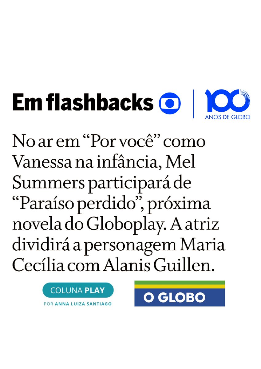 dia_tiago's tweet photo. Mel Summers participará de #ParaísoPerdido, próxima novela do Globoplay.

A atriz dividirá a personagem Maria Cecília com Alanis Guillen.

🗞 Coluna Play 
https://t.co/Ft77F50MYP https://t.co/BYK3GRF5rt