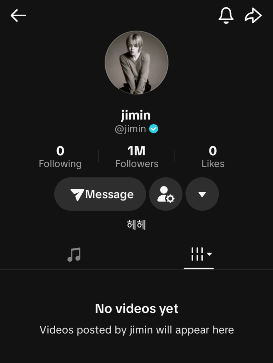 jmchartsmaster's tweet photo. Jimin hits 1 million followers on TikTok in just a few hours after going public—with zero posts! 🙂‍↔️ https://t.co/m7GoQtLPsD