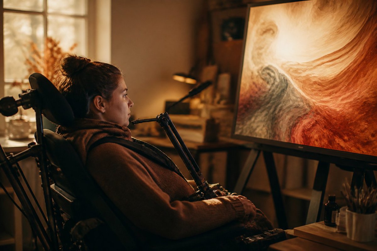 ainewssmoothie's tweet photo. A Neuralink patient used her brain implant to paint digital artwork using only her mind. The achievement moves neural controls past basic cursor clicks and into real creative expression.

https://t.co/XLLlUkTZqB
#Neuralink #DigitalArt #BCI https://t.co/roiDOlUxhw