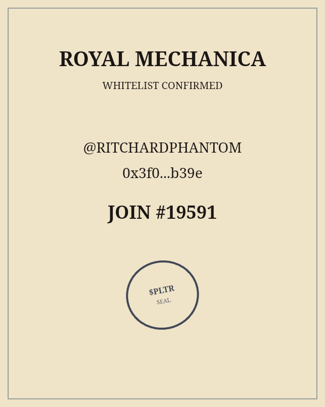 RitchardPhantom's tweet photo. Just joined the Royal Mechanica whitelist.
Join #19591
@RoyalMechanica https://t.co/BN7Sd1AfvJ