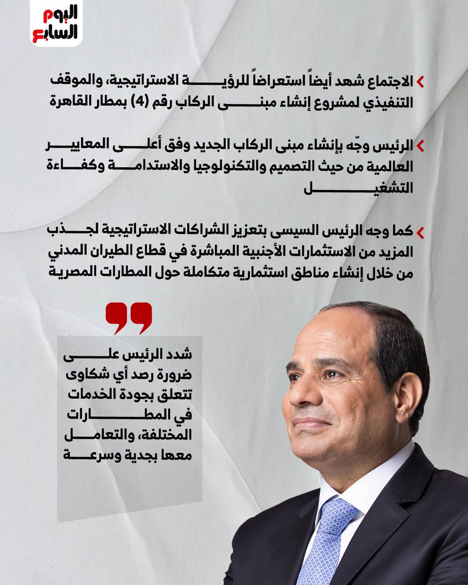 youm7's tweet photo. الرئيس السيسى يوجه بإنشاء مناطق استثمارية متكاملة حول المطارات المصرية https://t.co/umPwbbbSnl