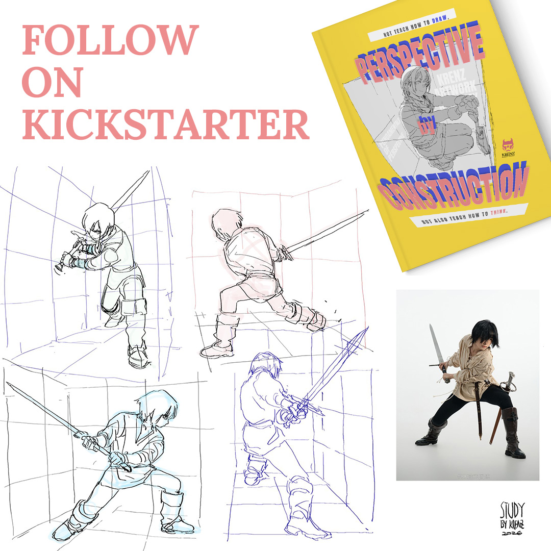 Krenz_Artwork's tweet photo. What changes when the viewpoint moves?
The figure, proportions, overlaps, and sword's form all have to respond to the new angle.
That spatial thinking is part of the theory behind "Perspective by Construction."
Follow pre-launch page now on Kickstarter for launch updates.