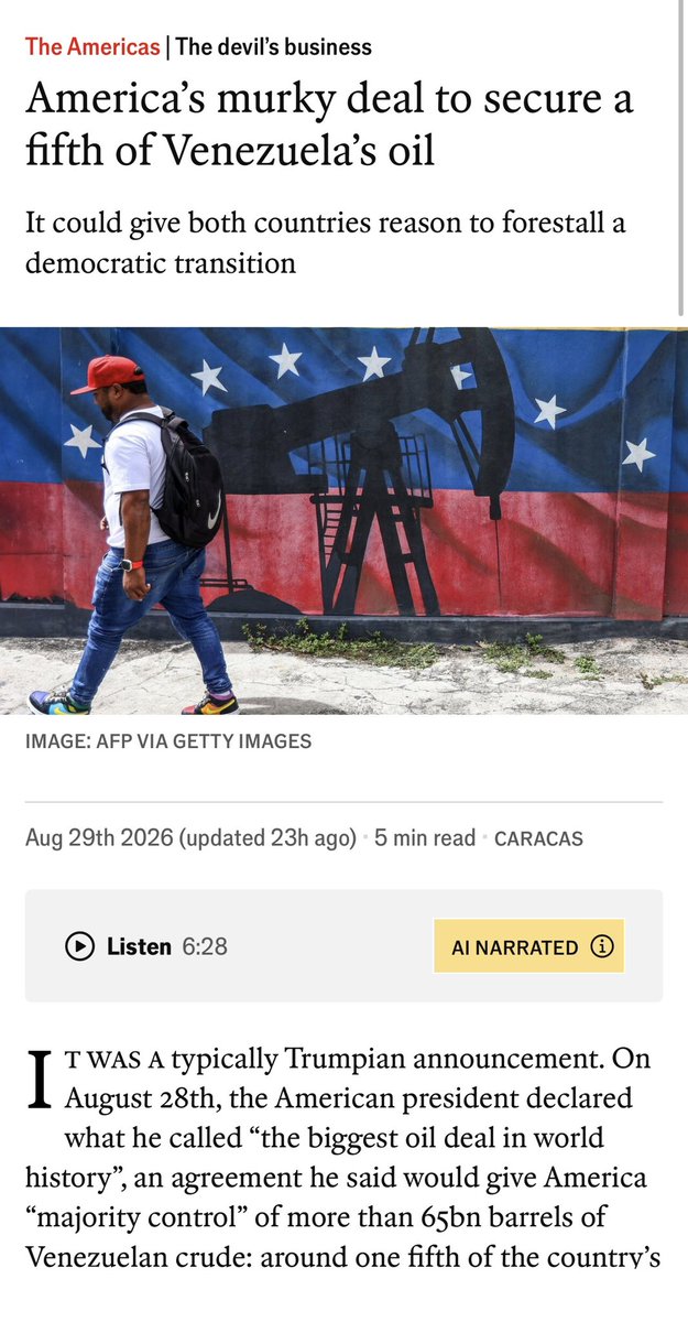 aroliveros's tweet photo. También @TheEconomist analiza el acuerdo anunciado por Trump sobre más de 65.000 millones de barriles de reservas venezolanas y hace una precisión importante: Estados Unidos no será propietario de ese petróleo. Según la revista, tendría la mayoría de una nueva empresa con derechos para desarrollar y operar 17 campos en la Faja del Orinoco y el Lago de Maracaibo, mediante contratos que podrían extenderse hasta 50 años y renovarse por otros 50.

El Estado venezolano recibiría regalías e impuestos, pero no tendría un papel operativo, mientras Washington actuaría en la práctica como garante de los contratos. 

Para @TheEconomist, el mayor riesgo es político y jurídico: los contratos serían firmados con el gobierno de Delcy Rodríguez y podrían ser cuestionados por un futuro gobierno democrático. Incluso advierte que el acuerdo podría alinear los intereses de Washington y Rodríguez, reduciendo el espacio de la oposición.

El dilema de fondo es evidente: Venezuela concentra cerca del 17% de las reservas mundiales, pero apenas aporta alrededor del 1% de la producción global. Necesita inversión y tecnología para cambiar esa realidad, pero la discusión es bajo qué marco político e institucional se hará.