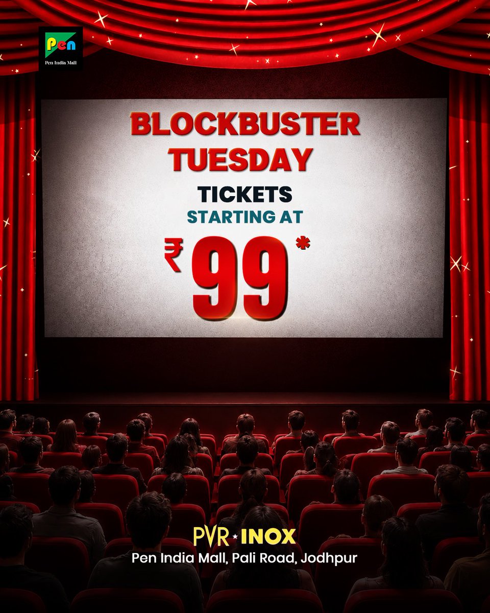 penindiamall's tweet photo. Blockbuster Tuesday starting at ₹99! 🍿
Catch your favourite movies at PVR INOX, Pen India Mall, Jodhpur 

#BlockbusterTuesday #PenIndiaMall #PVRINOX #Jodhpur #MovieTime #PadhaaroSaPenIndiaMall https://t.co/Nm1JySmiMp