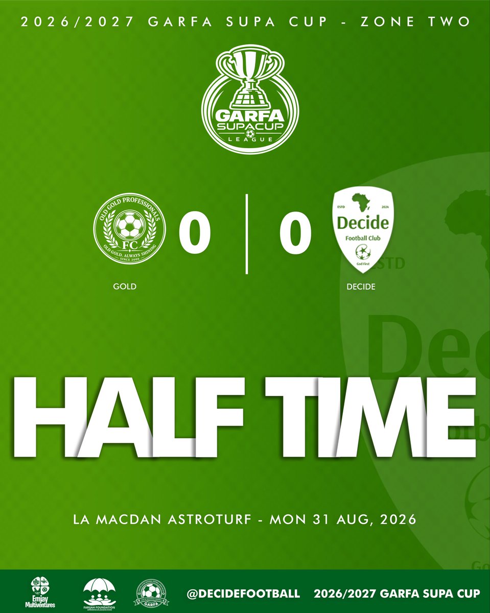 decidefootball's tweet photo. ⌚️30’
Half an hour played at McDan La Town Park. The boys are pushing hard in search of the breakthrough goal👊🏽!
Old Gold 🟡 0-0 🟢 Decide
#OurDecisionOurGlory #GodFirst #FarijahFoundation #EmjayMultiventures #GARFASupaCup https://t.co/jboSFQJ95h