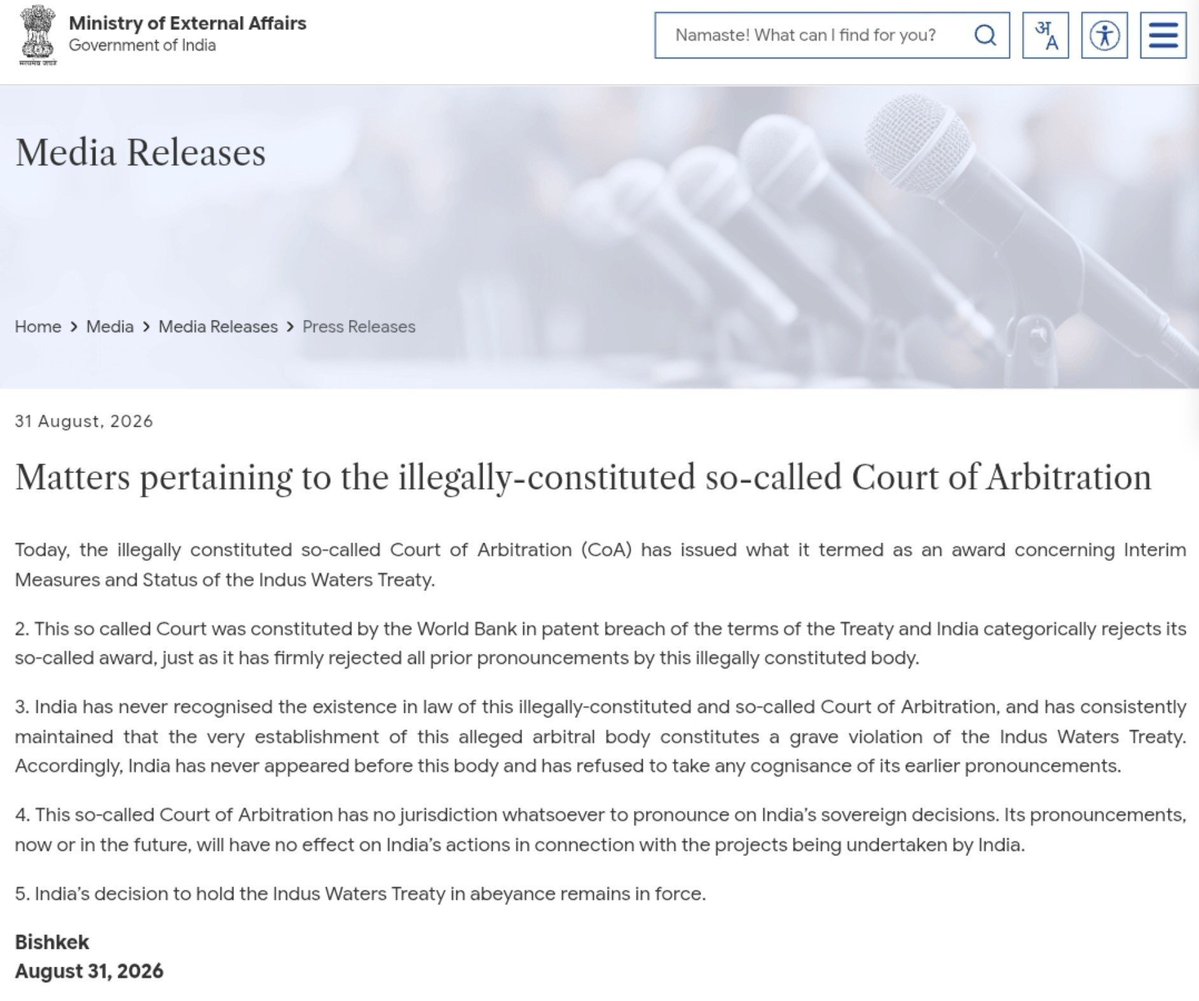 SilentFrameM's tweet photo. India rejects Hague tribunal’s new Indus Waters award as “illegal,” says 1960 treaty stays in abeyance.
#IndianSubcontinent #Pakistan https://t.co/kRvBSr08FP