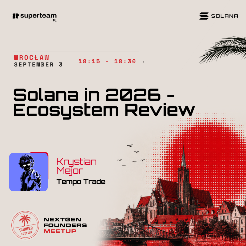 SuperteamPOL's tweet photo. Excited to announce @mejordev from @Tempo_Trade as our speaker for NextGen Founders Wrocław!

He’ll be breaking down "Solana in 2026: Ecosystem Review"-diving straight into the latest tech, network shifts, and real opportunities for builders right now.

Grab your spot now! 👇 https://t.co/4zk3jHPuVB