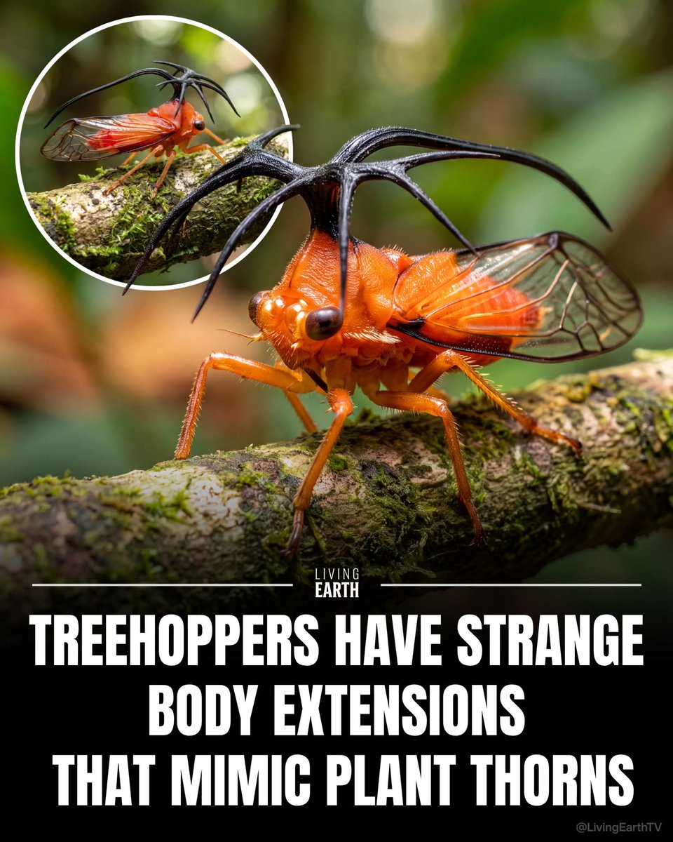 ironveil7's tweet photo. This creature appears to have fused a piece of its host plant directly onto its back.
Treehoppers (Membracidae) are famous for growing extravagant helmet-like crests that mimic thorns, leaves, and stem debris. This unique architectural adaptation breaks up their body outline, confusing predators and keeping them hidden in plain sight. #nature