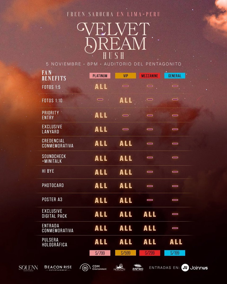 FreenBeckyTW's tweet photo. ✨ Freen - FREEN LATIN AMERICA TOUR: VELVET DREAM(秘魯場）  ✨

🗓️ 售票日期：2026年 9 月 1 日
⏰ 售票時間：01:00 （台灣時間） 
🔗 售票網站：https://t.co/Ia55K63wMh

🌟 活動日期：2026年 11 月 6 日
⏰ 活動時間：09：00（台灣時間）
📍 活動地點：Lima, Peru - Pentagonito Auditorium 

🎟️ 票價 S/799 | S/599 | S/299 | S/199 (秘魯索爾）

📌 加購福利
 1:1 合照：S/499 （秘魯索爾）
 1:2 合照：S/299 （秘魯索爾）
簽名 + 特別明信片：S/399 （秘魯索爾）
簽名海報：S/119 （秘魯索爾）
簽名拍立得：S/199 （秘魯索爾）
合照升級 1:10：S/199 （秘魯索爾）
合照升級 1:5：S/249 （秘魯索爾）

#FreenLatinAmericaTour
#FreenVelvetDream 
#solennEntertainment #srchafreen