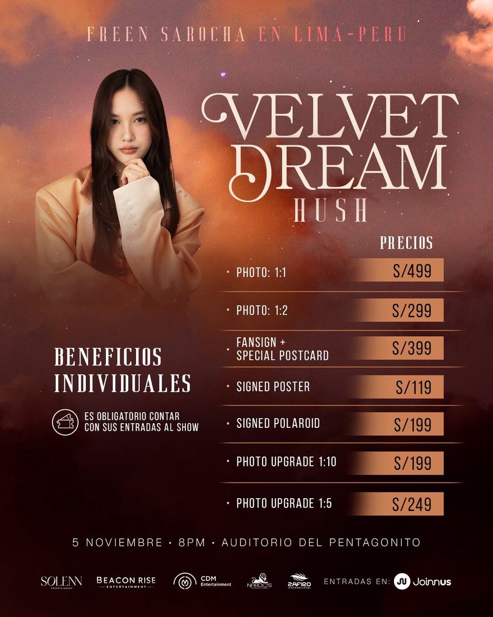 FreenBeckyTW's tweet photo. ✨ Freen - FREEN LATIN AMERICA TOUR: VELVET DREAM(秘魯場）  ✨

🗓️ 售票日期：2026年 9 月 1 日
⏰ 售票時間：01:00 （台灣時間） 
🔗 售票網站：https://t.co/Ia55K63wMh

🌟 活動日期：2026年 11 月 6 日
⏰ 活動時間：09：00（台灣時間）
📍 活動地點：Lima, Peru - Pentagonito Auditorium 

🎟️ 票價 S/799 | S/599 | S/299 | S/199 (秘魯索爾）

📌 加購福利
 1:1 合照：S/499 （秘魯索爾）
 1:2 合照：S/299 （秘魯索爾）
簽名 + 特別明信片：S/399 （秘魯索爾）
簽名海報：S/119 （秘魯索爾）
簽名拍立得：S/199 （秘魯索爾）
合照升級 1:10：S/199 （秘魯索爾）
合照升級 1:5：S/249 （秘魯索爾）

#FreenLatinAmericaTour
#FreenVelvetDream 
#solennEntertainment #srchafreen
